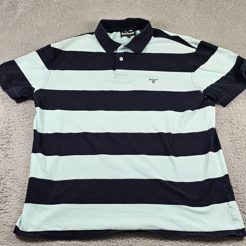 Barbour Polo Shirt Mens 2XL Blue Navy Striped Rugby 100% Cotton Short Sleeve - Picture 2 of 10